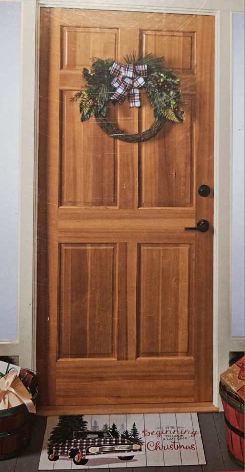 NIB Holiday Home 20in Wreath w Matching 18in x 30in Doormat Plaid Design 2Pc Set