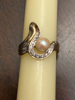 Vintage 14K Yellow Gold Cultured Pearl Diamond Bypass Wave Ring Size 8
