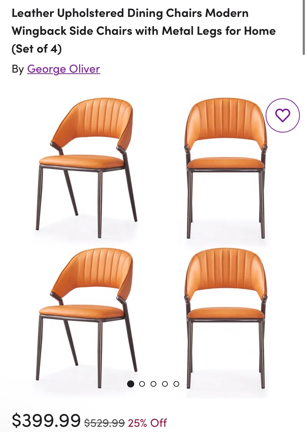 Leather Upholstered Dining Chairs Modern Wingback Side Chairs with Metal Legs(Set Of 4)