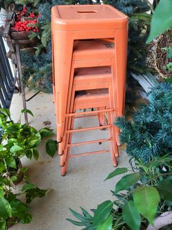 Vintage Metal Bar Stools X 4
Orange, Top Handle, Rubber Feet, Stackable