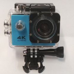 Blue 4K Sports Action Camera With Attatchments