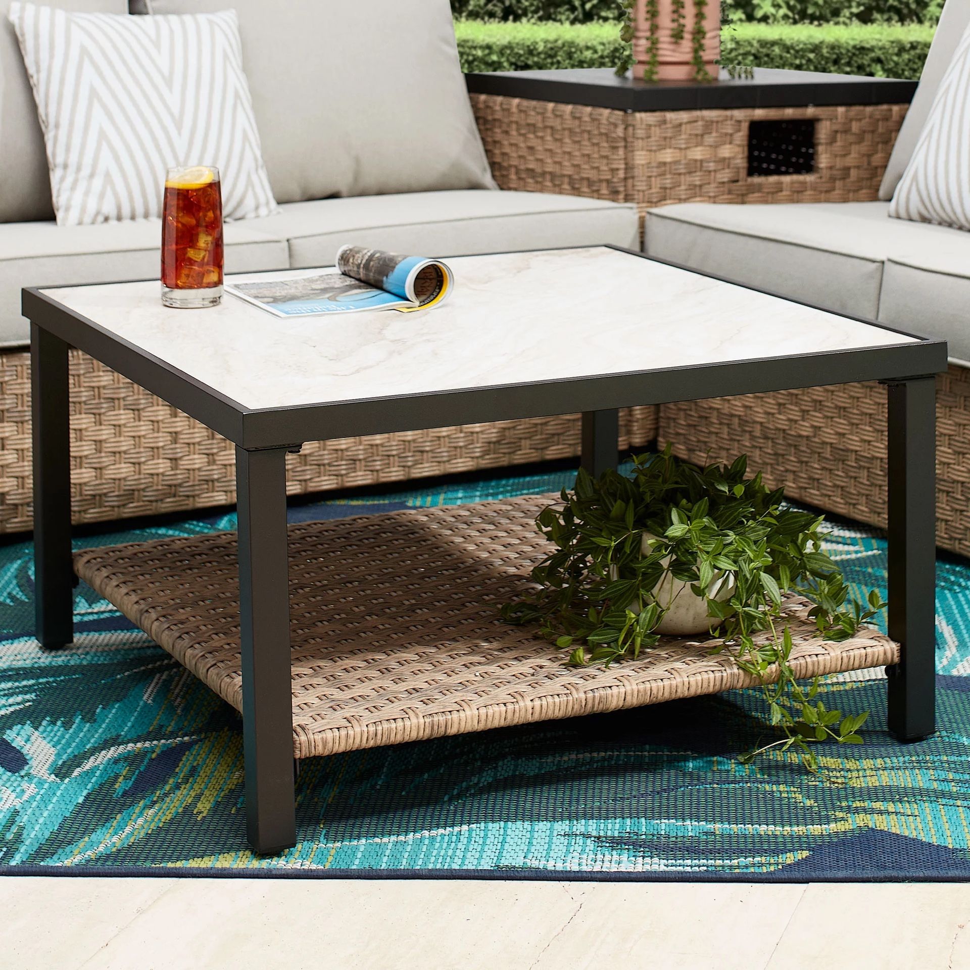 Better Homes & Gardens River Oaks Tile Top Coffee Table with All-Weather Wicker Shelf,