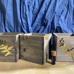 Wood Boxes & Gold Metal Sign Holders (Set of 3)