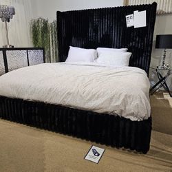 Black Queen Bed  With Tall Fur Like Corduroy Headboard