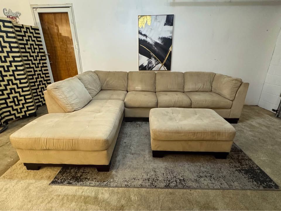 Beige Suede 4-Seater Sectional Sofa with Ottoman