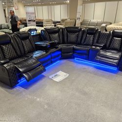 Brand New Sectional Black Faux Leather Power Recliner LED LIGHT $1499 