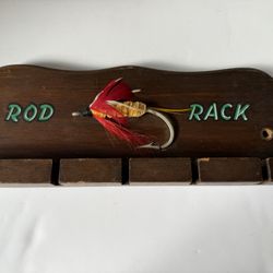 Vintage MidCentury Wooden Fishing Rod Rack WallMount Holds 5 Rods Hand Painted