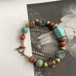 Nepal beads, green, red, turquoise color mix, Czech glass, brass metal, bracelet