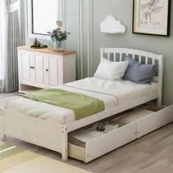 ModernLuxe Twin Platform Storage Bed Wood Bed Frame with Two Drawers and Headboard White