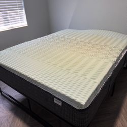 Queen bed frame, mattress and topper