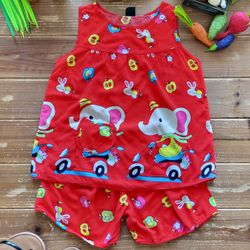 5T-6 GIRLS 2-PIECE SET RED ELEPHANT & BUNNY PRINT SLEEVELESS TUNIC W/MATCHING SHORTS