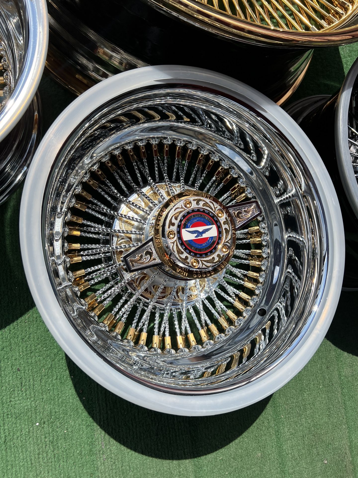 13x7 Zenith Engraved 72 Spoke Wire Wheels On 155-80-13 White Walls Finance  Available for Sale in Pasadena, TX - OfferUp