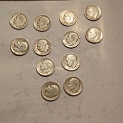 12 Silver Roosevelt Dimes. 90% Silver 1940s