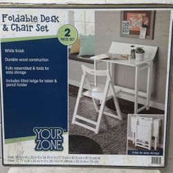 Your Zone Foldable Desk & Chair Set 2 Piece Set White Finish Kids Room School