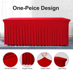 Table Skirts for Rectangle Tables 6ft - One-Piece Red Tablecloths and Skirt, Wrinkle Resistant Ruffles Elastic Cover for Banquets, Weddings, Events, P