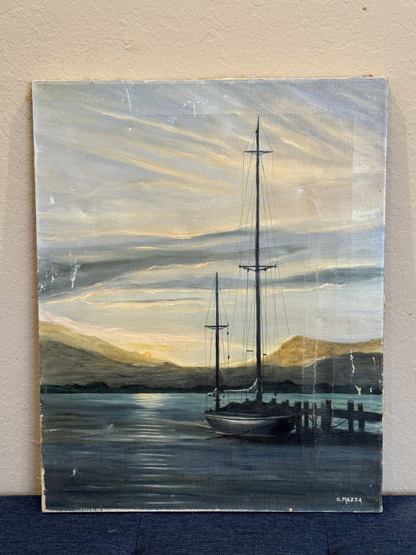 Impressive Vintage Midcentury Haborscape Oil Painting signed Mazzaff