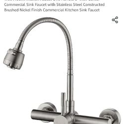 Wall Mount Kitchen Faucet One Handle 8" inch Center Commercial Sink Faucet with Stainless Steel Constructed Brushed Nickel Finish
