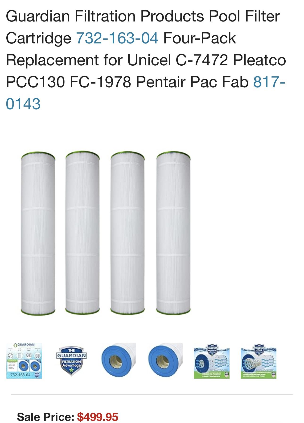 Guardian Filtration Products Pool Filter Cartridge 732-163-04 Four-Pack Replacement for Unicel C-7472 Pleatco PCC130 FC-1978 Pentair Pac Fab