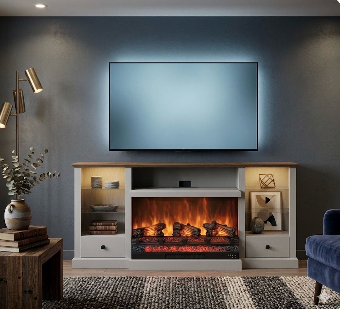 New 70” Fireplace Media Console | White & Wood Finish | LED Lighting
