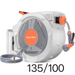 Retractable Garden Hose Reel, 1/2 In x 130 Ft With 9 Function Sprayer Nozzle, Any Length Lock, Automatic Rewind and Slow Return System, Wall Mounted a
