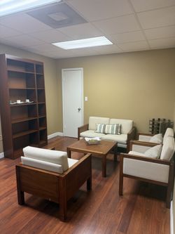 Commercial Reception Area Furniture Set – Loveseat, 3 Chairs, Coffee Table & Bookcases