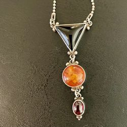 Onyx, Amber And Garnet Necklace On Silver Chain