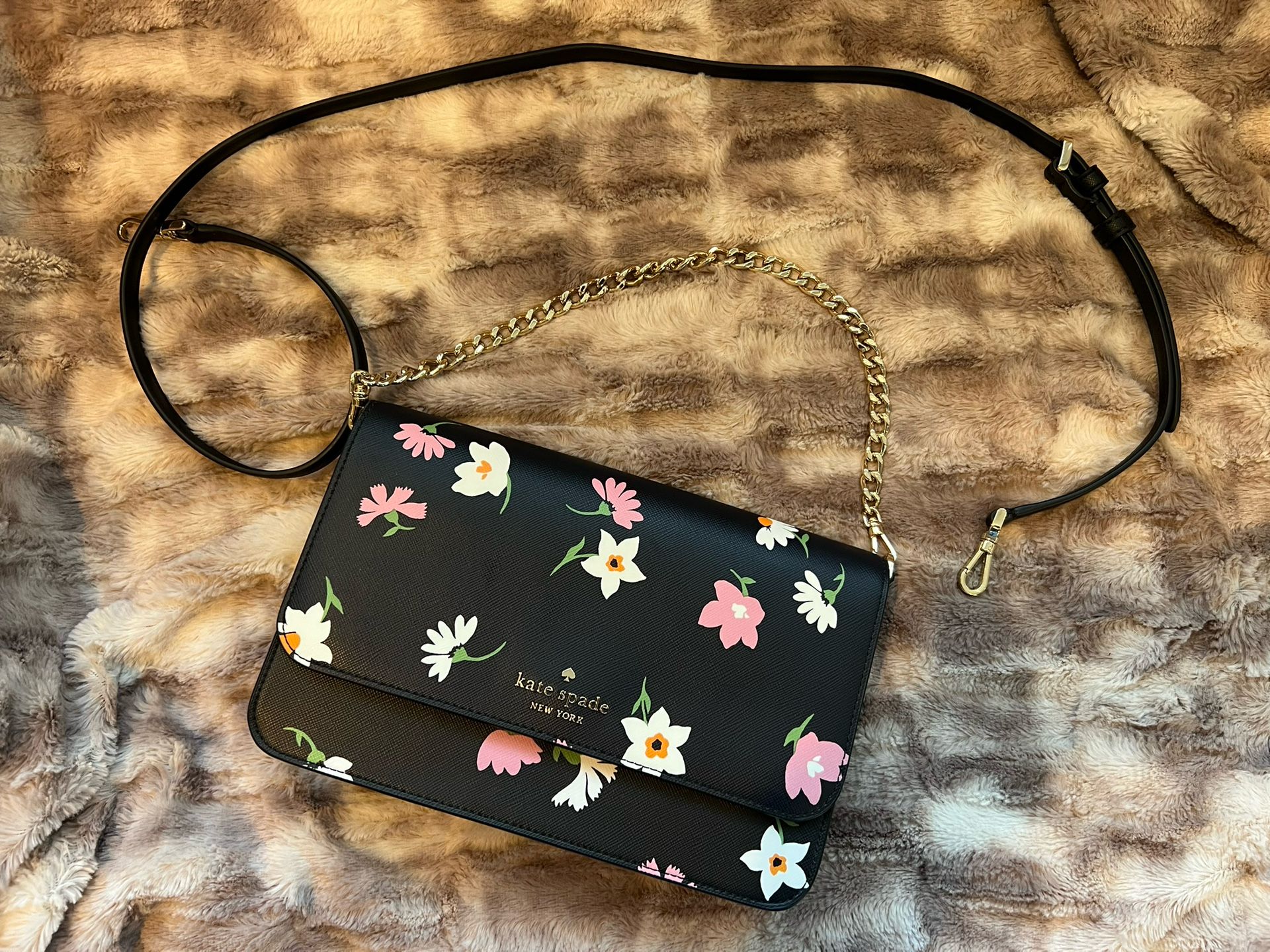 Kate Spade Madison Small Flap Crossbody Chain Shoulder Bag Black Floral Waltz