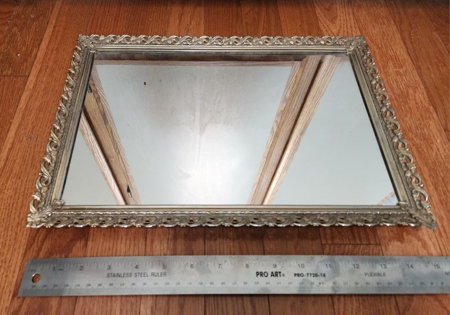 Vintage Gold Filigree Hollywood Regency Rectangular Vanity Mirror Tray 10.5x15