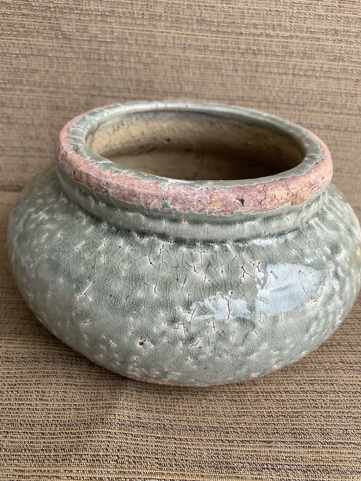 Heavy. Glazed Flower Pot W/ Crackled Aged Finish Green, Unique Shape, Opening Is 5 1/2 Inch Wide, 3.5 Inch Deep, 8 Inches At Base