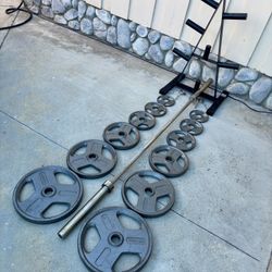 Olympic Weights, 7-ft Bar, Bench, Weight Holder Tree