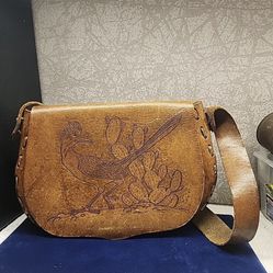 Handbag Engraved Vintage 70's Hand Tooled Leather Bag Purse Roadrunner  Boho