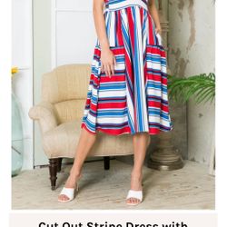 Orange Farm Red, White, Blue Maxi Dress sz L, With Pockets Perfect 4th Dress!!