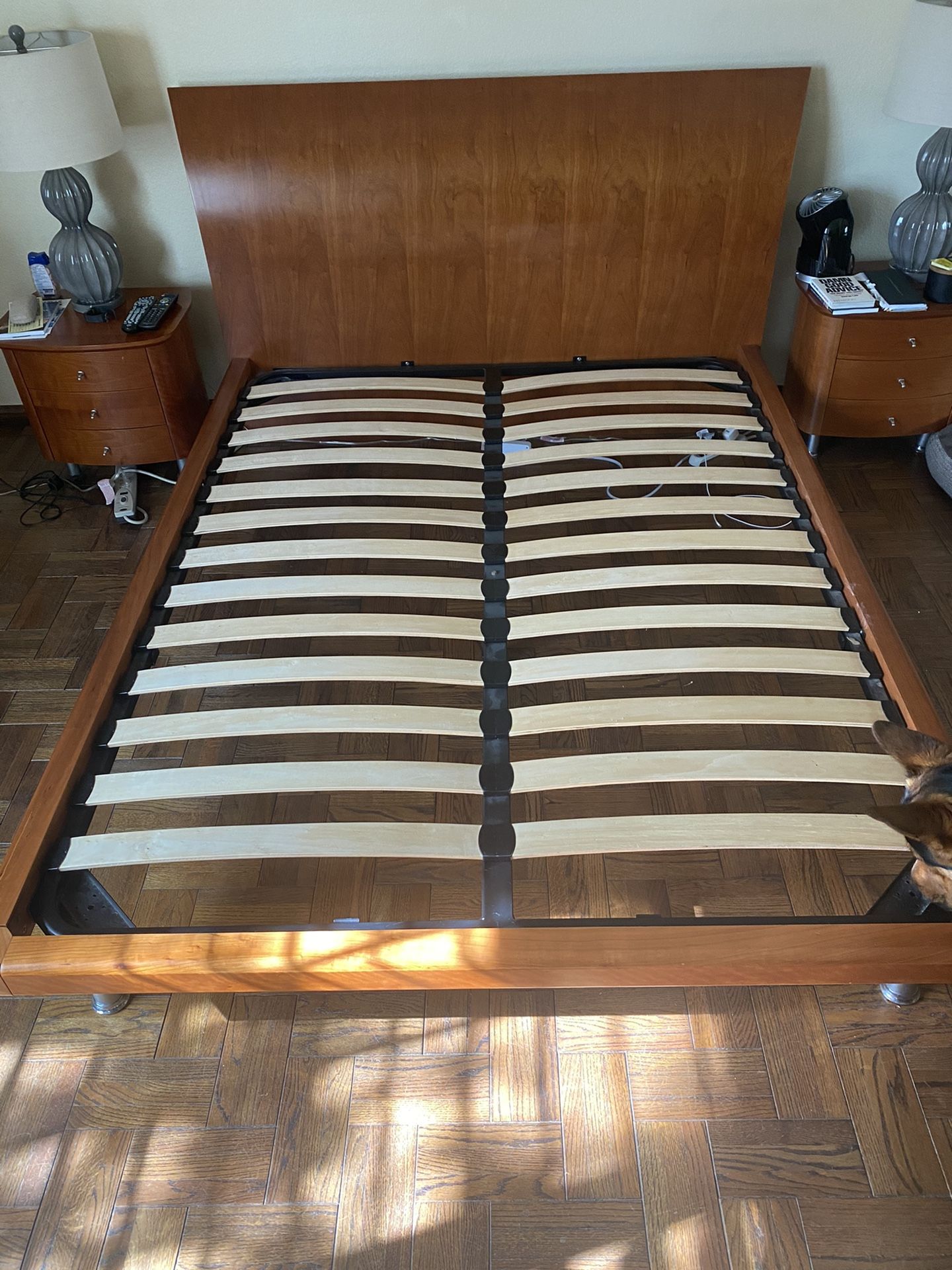 Queen Sized Wooden Bed Frame With 2 Night Stands And 6 Drawer Dresser