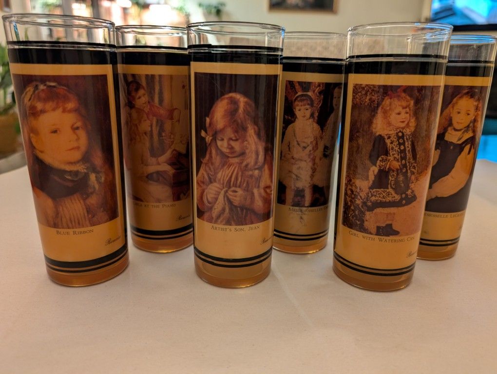 6pc Set Vintage Tall Barware Glasses w/Rubberized Renoir Prints