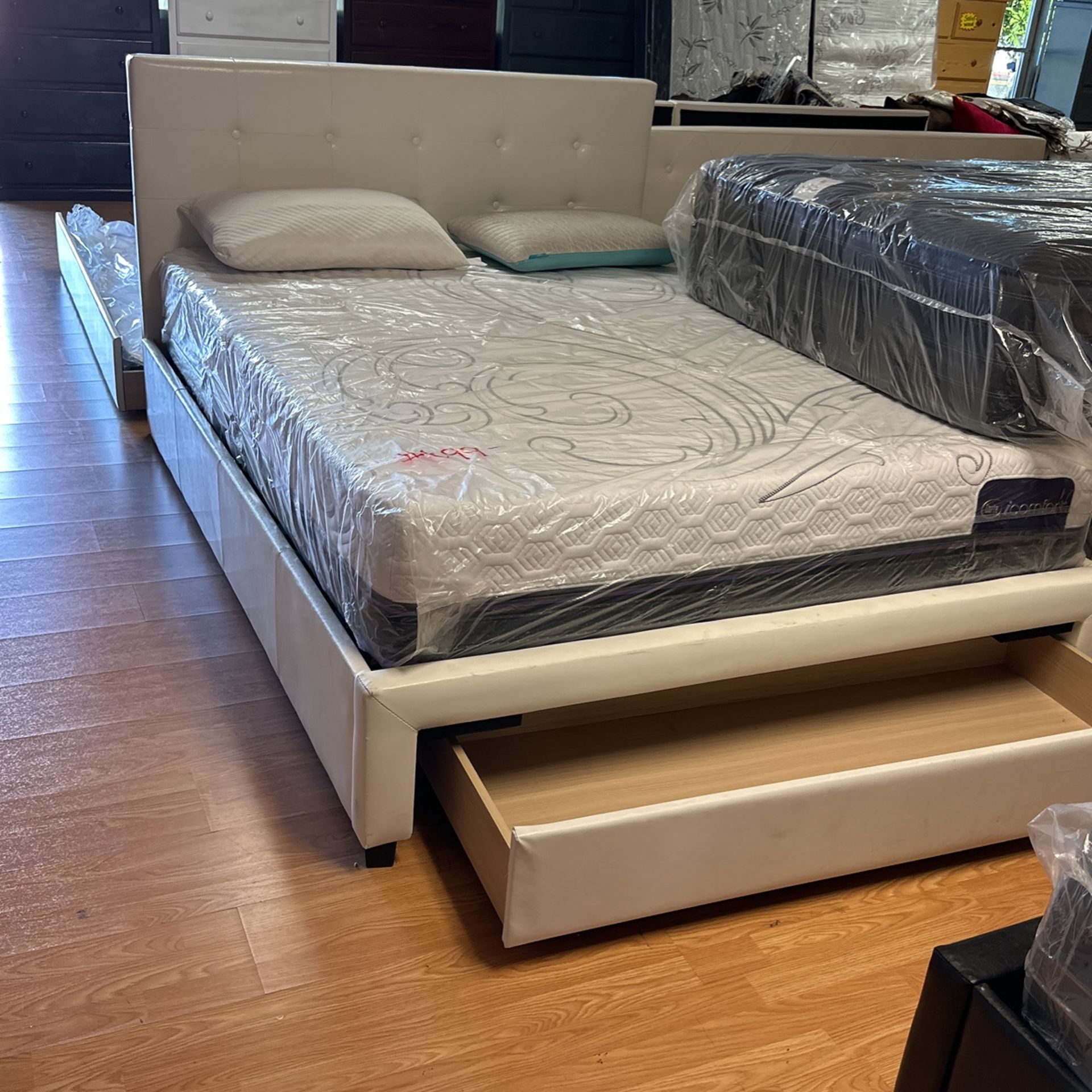 Queen White Bed Frame With Drawer Pull Out Serta Mattress Included