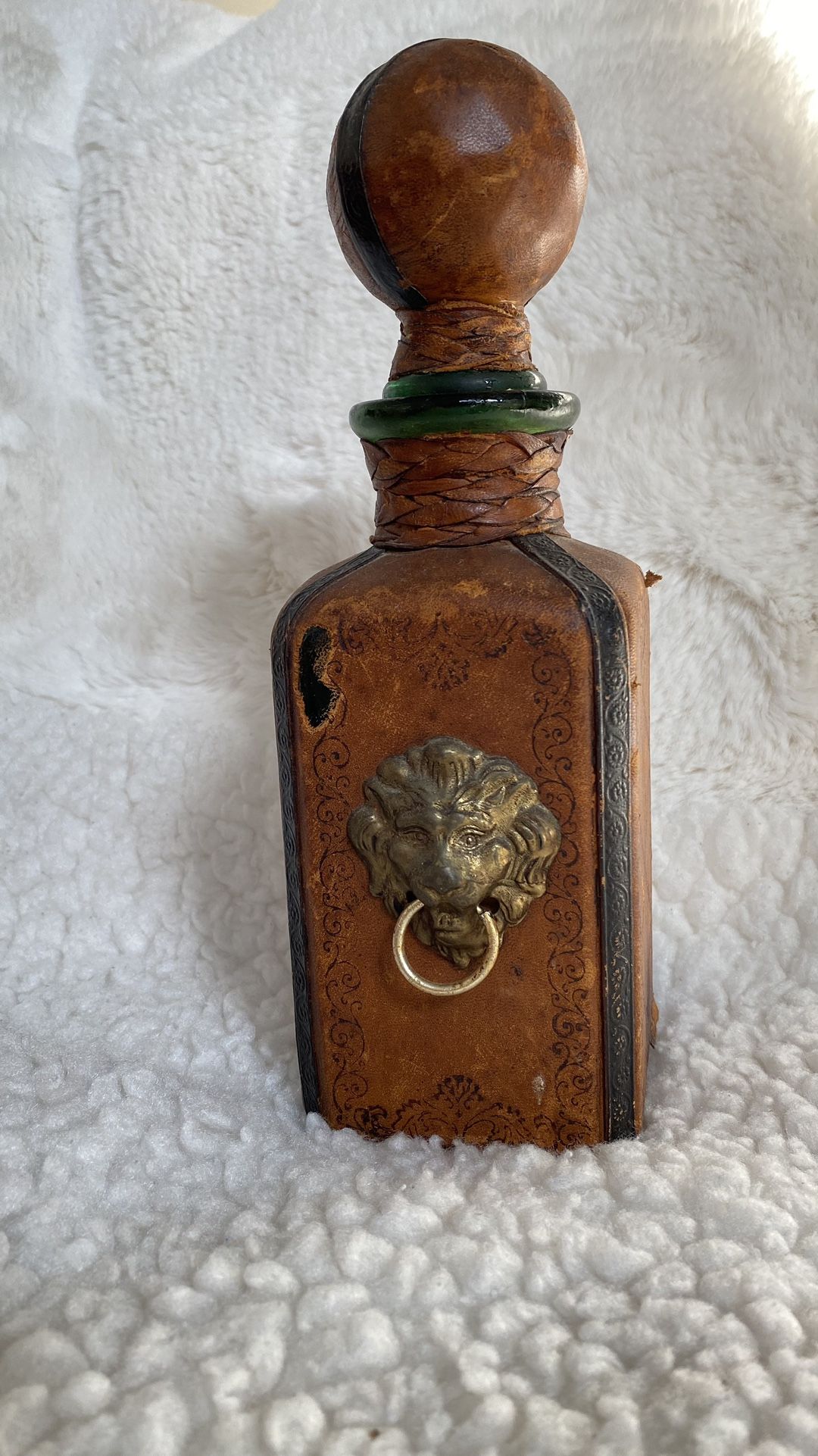 Vintage Italian Leather Wrapped Glass Decanter w/ Lion Head Decoration