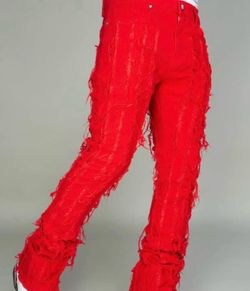 Men's NME NYC distressed red stacked skinny jeans streetwear fashion size 30