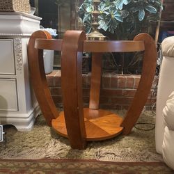 Circular Wooden Couch-End Table (x2) &  Matching Circular Wooden Coffee Table