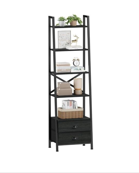 Furologee 5-Tier Ladder Shelf with 2 Drawers,Narrow Bookshelf Storage Shelves,Industrial Bookcase Freestanding Rack Units for Bedroom,Living Room,Bath