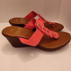 Made in Italy Wedge Orange Sandals with Flowers Size 8 1/2