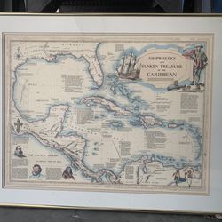 Caribbean Pirate Shipwreck Map Framed 