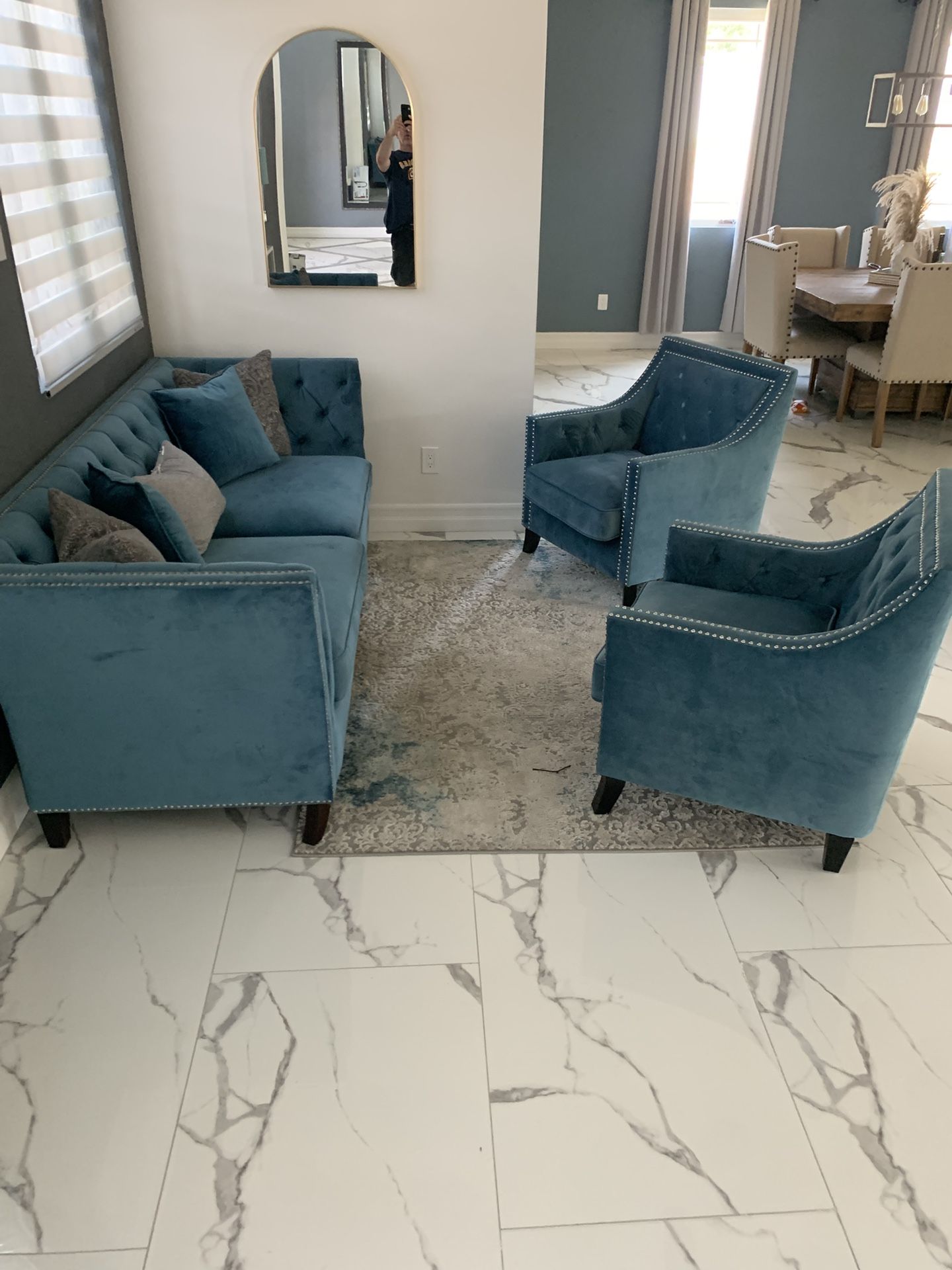 Blue velvet studded sofa set