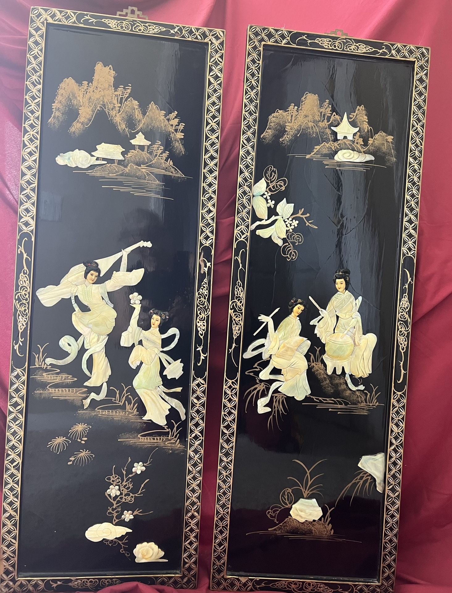 Vintage Chinese Art Mother of Pearl Black Lacquer