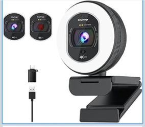 4K Webcam with Ring Light Web Cam 4K Autofocus with TOF Computer Camera 1080P 60FPS Web Camera Built-in Privacy Cover and Microphone Streaming Webcams