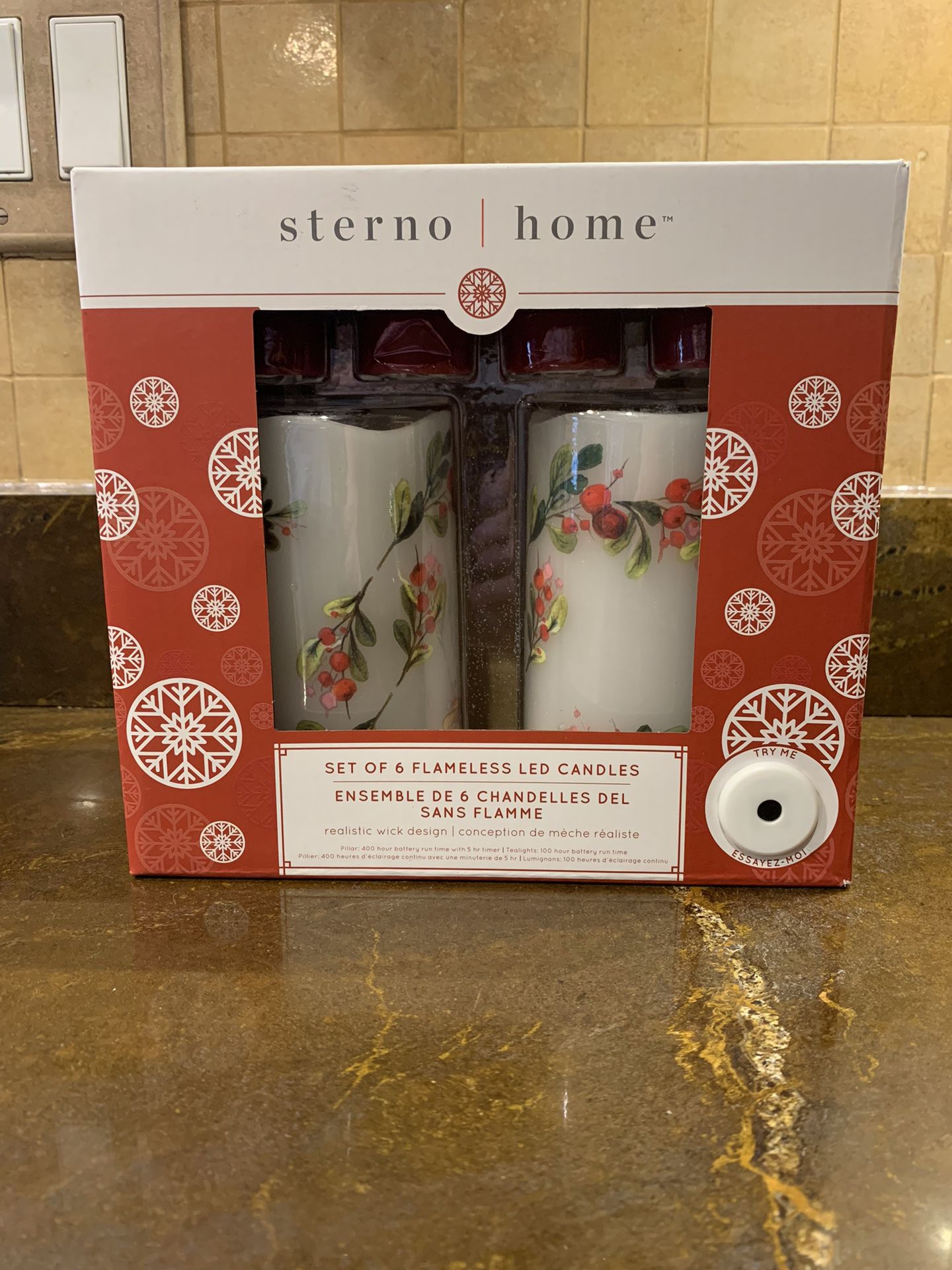 NIB Set of 6 Flameless Led Candles by Sterno Home- 4 red votives/2 pillars -berries see photos