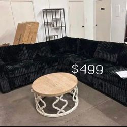 Large Sectional Sofa Black Fur-like Jumbo Corduroy 