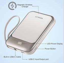 10000mAh Magnetic Power Bank – portable wireless charger with up to 15W fast wireless charging, built-in USB-C cable, 22.5W PD support, and LED batter