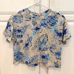 Old Navy Girls XL 14-16 Vintage Style T-Shirt Cropped Short Sleeve Blue Palm