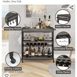 BON AUGURE Bar Cart, Home Bar Serving Cart On Wheels, Mobile 3 Tier Liquor Beverage Cart With Wine Rack And Glass Holder, Grey Oak

