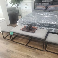  Gray Metal & Fabric Coffee Table with Nesting Stools 